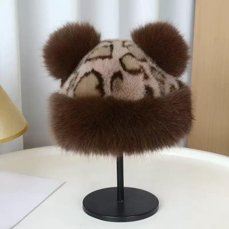 Fisherman Hat: Autumn & Winter Korean Style Plush Faux Fur Bucket Hat for Women with Leopard Print Bear Ears, Thickened Windproof Warmth, Trendy.