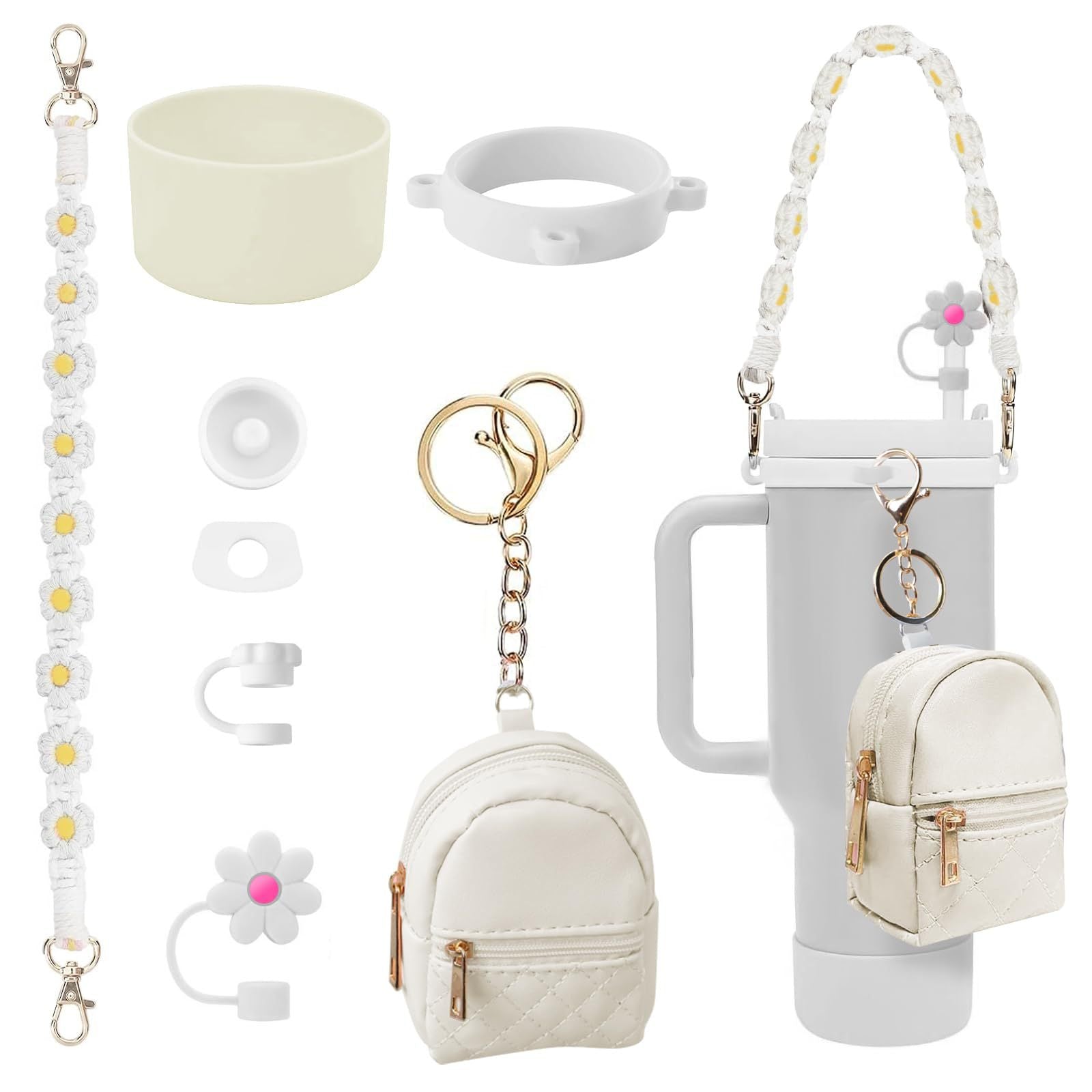 Set de Accesorios para Botella Stanley (8 Piezas) con Tapa de Pajilla, Funda de Silicona y Llavero
