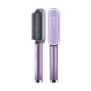 Cepillo alisador de pelo caliente iónico cerámico en color lila, diseño 2 en 1 con control de temperatura para alisado rápido sin frizz.
