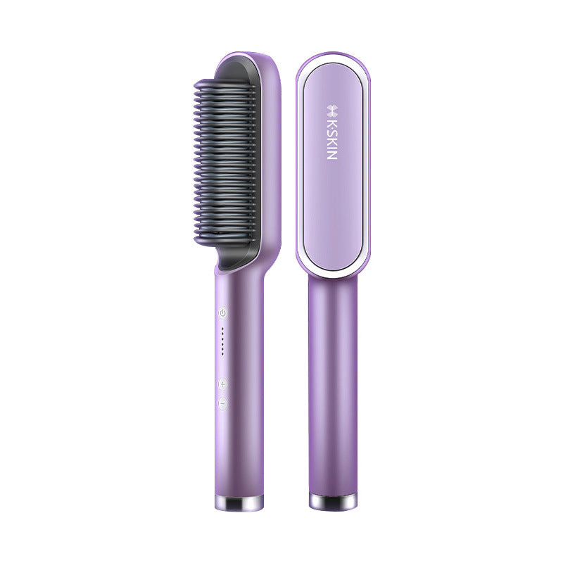 Cepillo alisador de pelo caliente iónico cerámico en color lila, diseño 2 en 1 con control de temperatura para alisado rápido sin frizz.