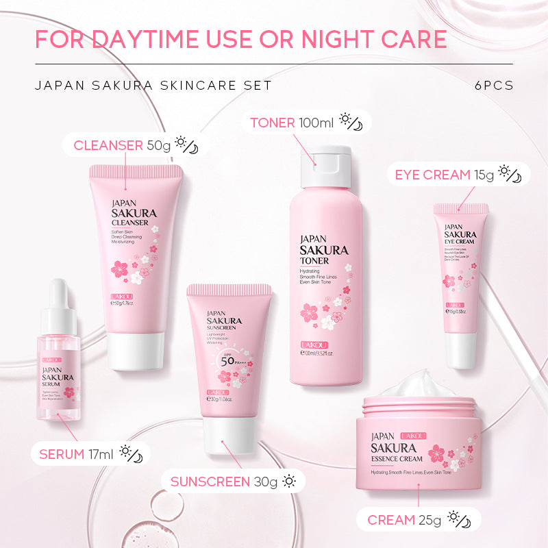 Set de Cuidado Facial para Viaje Laikou – Limpiador, Suero, Crema para Ojos, Crema Hidratante, Tónico y Protector Solar