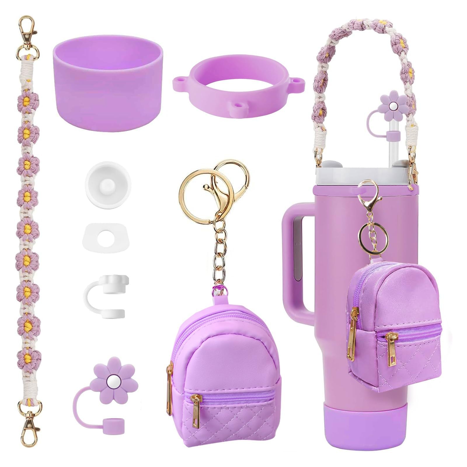 Set de Accesorios para Botella Stanley (8 Piezas) con Tapa de Pajilla, Funda de Silicona y Llavero