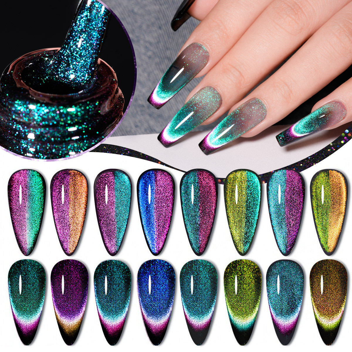 Esmalte de uñas gel duradero para manicura con efecto magnético multicolor y acabado brillante. Ideal para diseños profesionales y llamativos.