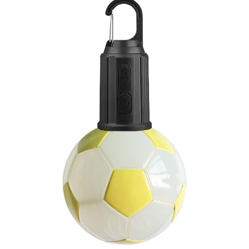 Luz LED portátil con diseño de balón de fútbol amarillo, recargable por Type-C, perfecta para actividades al aire libre y camping.