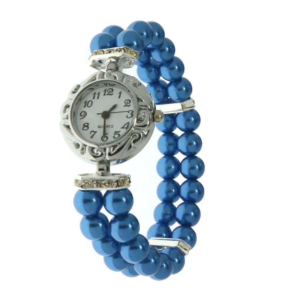 Reloj Femenino de Cuarzo con Pulsera Elástica de Perlas y Piedras Brillantes