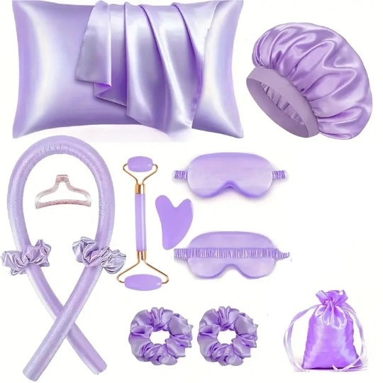 Kit De Seda Para Dormir Con Gorro, Antifaz, Funda Y Rizador De Cabello Sin Calor – Varios Colores