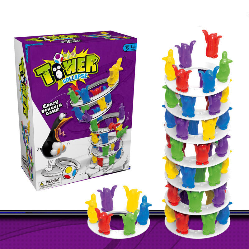 Juego de equilibrio infantil con pingüinos para armar torre y retirar piezas sin que se derrumbe