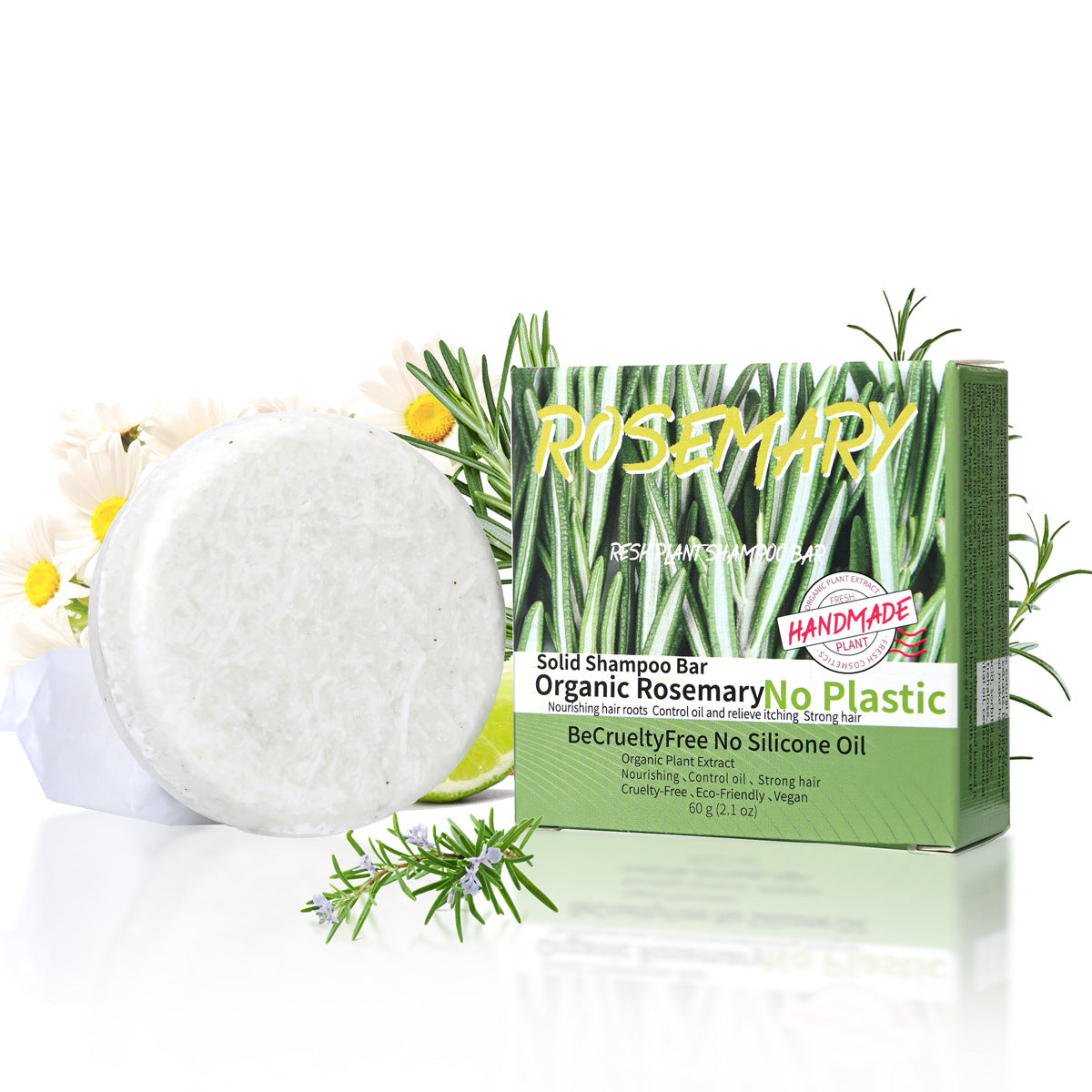 Jabón sólido de romero orgánico para cabello fuerte y nutrido, sin silicona ni crueldad animal, ideal para cuidado capilar natural.