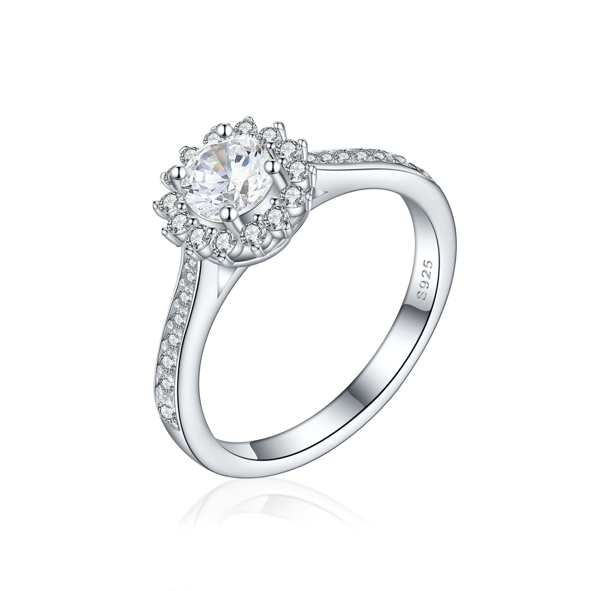 Anillo de Compromiso en Plata 925 con Diseño de Girasol y Circonitas para Mujer