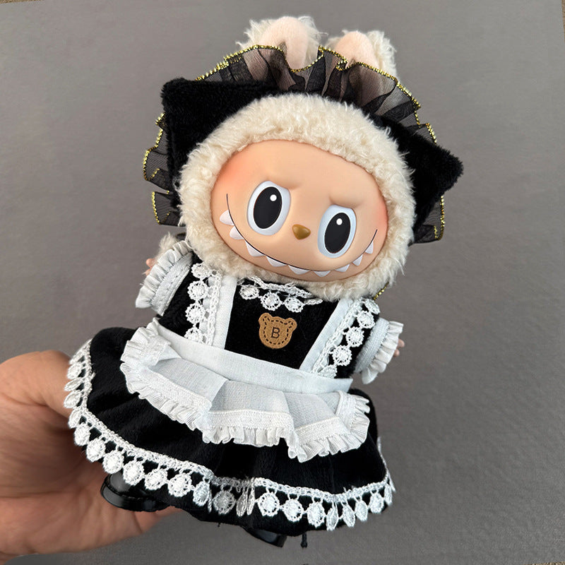Vestido de sirvienta en blanco y negro para muñeca Labubu de 17cm, accesorio vintage con encaje decorativo.