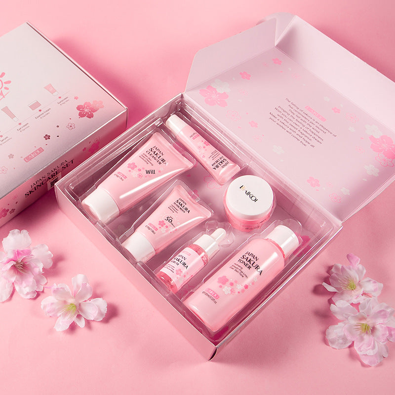 LaiKou Juego de Cuidado de Piel LAIKOU con Flor de Cerezo: 6 Piezas de Limpiador, Suero, Crema para Ojos, Crema Hidratante, Tónico, Protector Solar