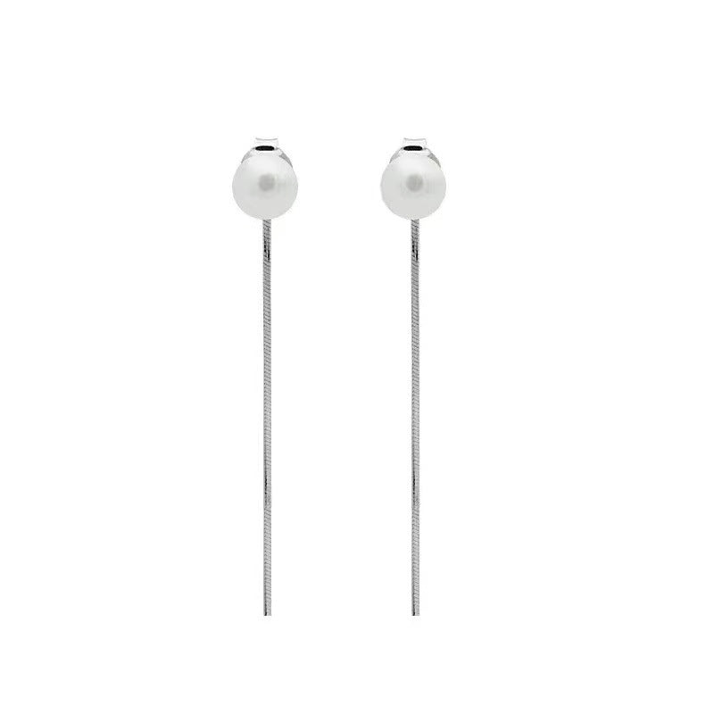 Aretes Largos de Cadena con Perlas en Plata 925 – Diseño con Textura de Serpiente