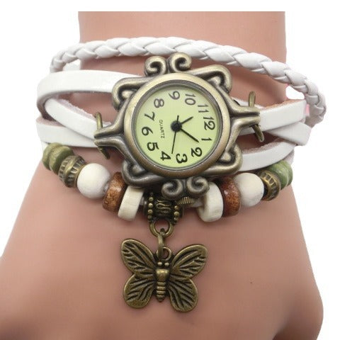 Reloj Boho Chic para Mujer con Pulsera de Cuero Trenzado y Dije de Mariposa