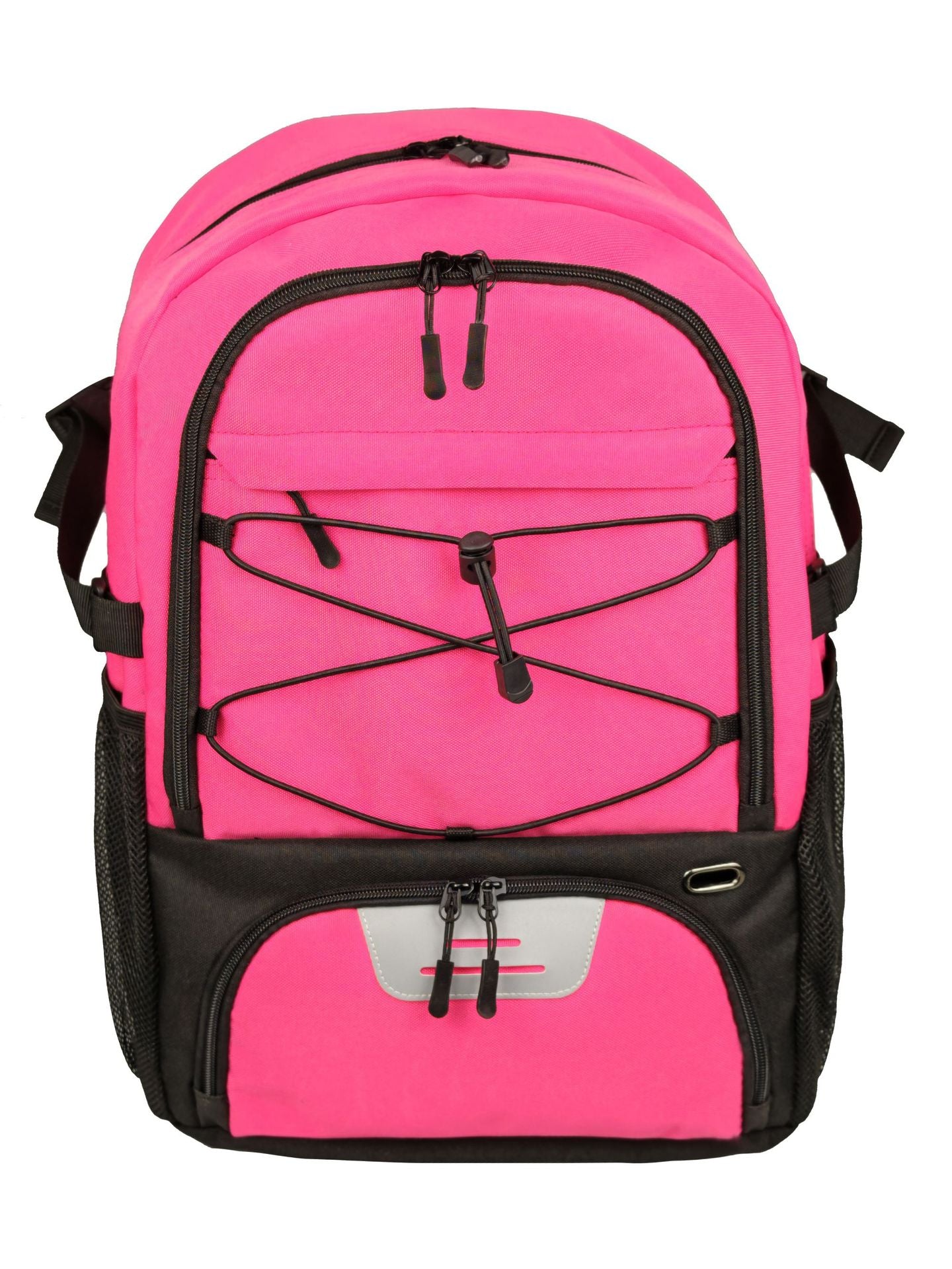 Mochila deportiva rosa con detalles negros y compartimento para balón y calzado. Estilo vibrante para actividades deportivas juveniles.