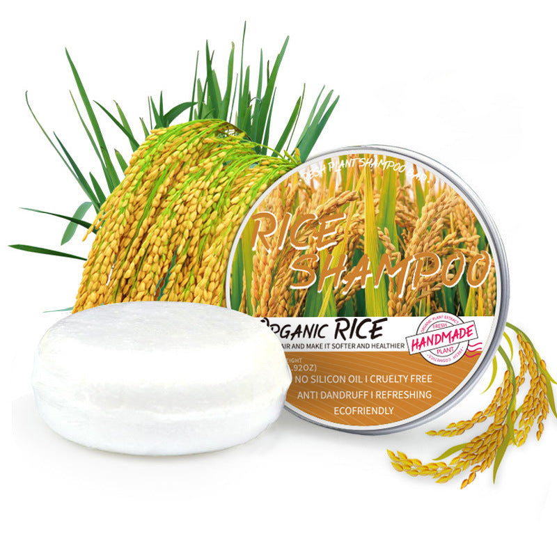 Champú artesanal de arroz para cabello negro, fórmula natural sin crueldad animal, ideal para mantener el color y la salud capilar.