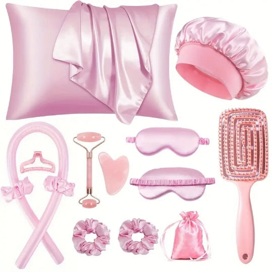 Kit De Seda Para Dormir Con Gorro, Antifaz, Funda Y Rizador De Cabello Sin Calor – Varios Colores