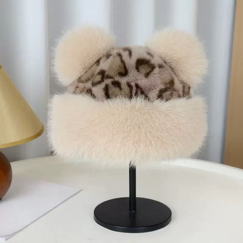 Fisherman Hat: Autumn & Winter Korean Style Plush Faux Fur Bucket Hat for Women with Leopard Print Bear Ears, Thickened Windproof Warmth, Trendy.