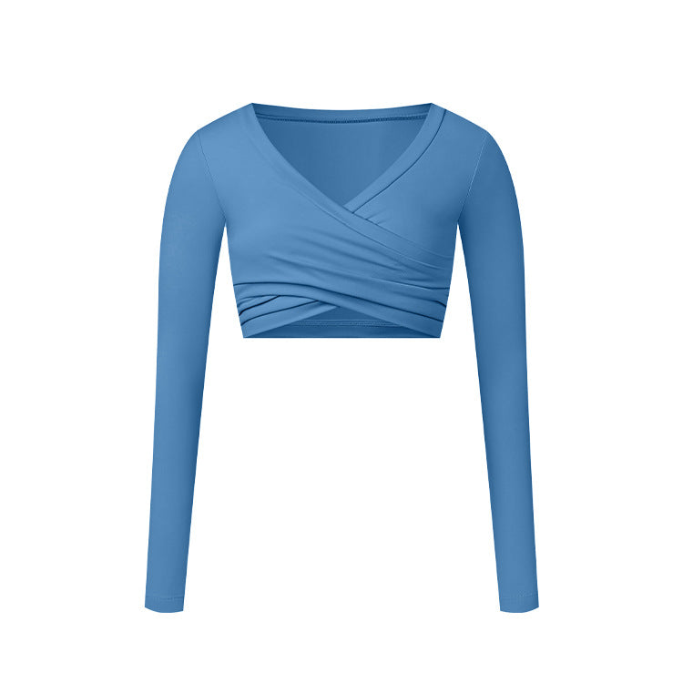 Women's Fitted Long Sleeve Athletic Top: Brushed Series with Crossover Layering and Large V-Neck Design