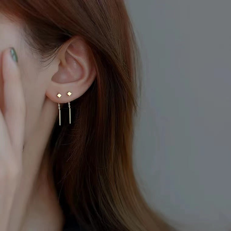 Pendientes de plata S999: Diseño de lujo, estilo ins, con borlas y forma cuadrada, ideales para perforaciones en las orejas