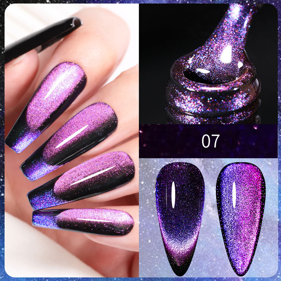 Esmalte de uñas gel duradero tono 07 en púrpura brillante. Acabado magnético ideal para manicuras elegantes.