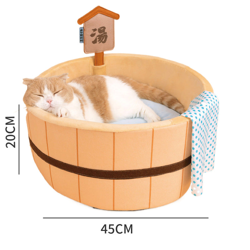 Cama antiestrés para mascotas con diseño de huevo frito, termal y curry – Original y divertida
