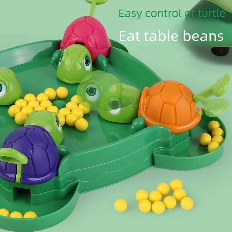 Detalle del juego Tortugas y Ranas Come Bolas mostrando tortugas naranjas, moradas y verdes comiendo bolas. Juguete antiestrés ideal para niños.
