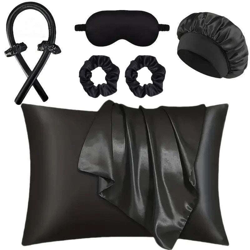Kit De Seda Para Dormir Con Gorro, Antifaz, Funda Y Rizador De Cabello Sin Calor – Varios Colores
