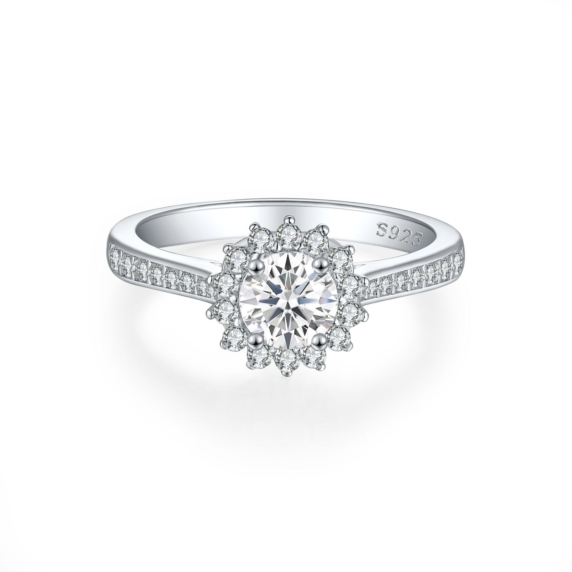Anillo de Compromiso en Plata 925 con Diseño de Girasol y Circonitas para Mujer
