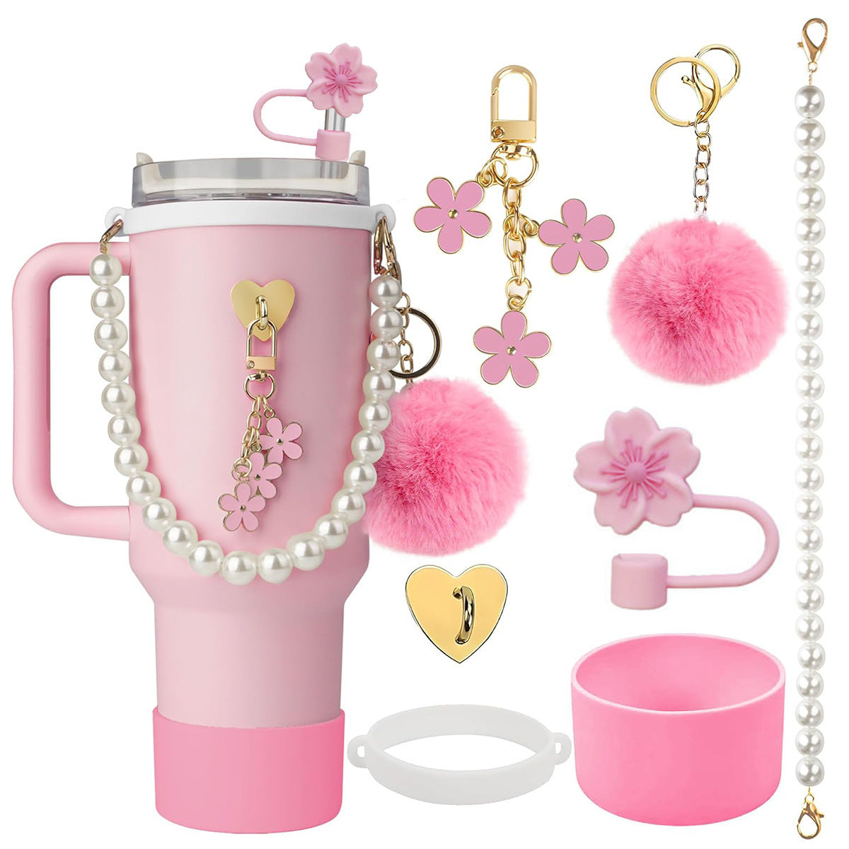 Set de Correa de Mano con Perlas y Accesorios Decorativos para Botella Stanley