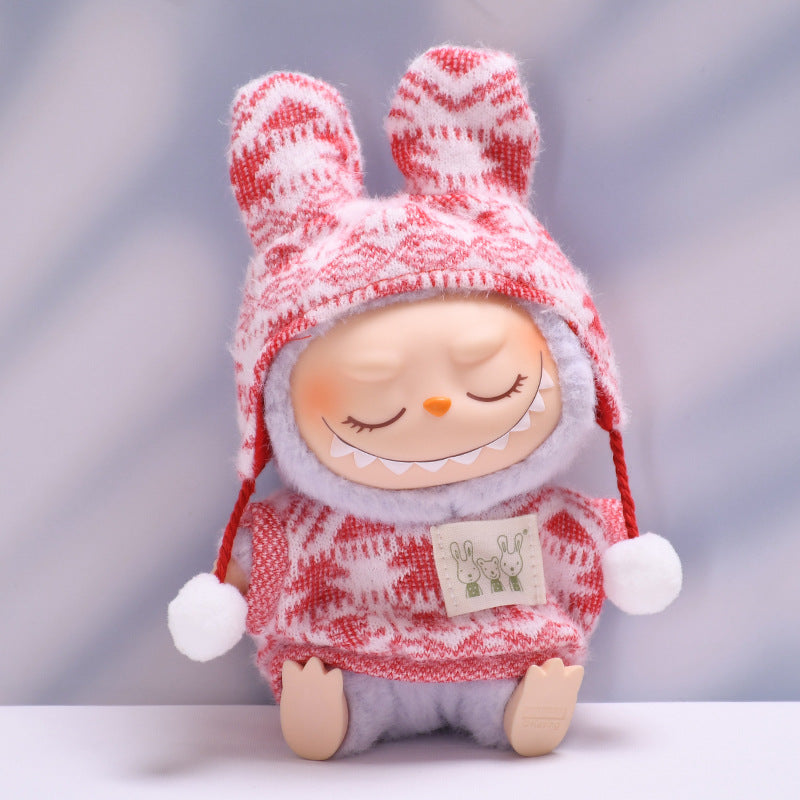 Ropa tejida rosa con gorro de pompón para muñeca Labubu de 17cm. Diseño floral ideal para coleccionistas, muñeca no incluida.
