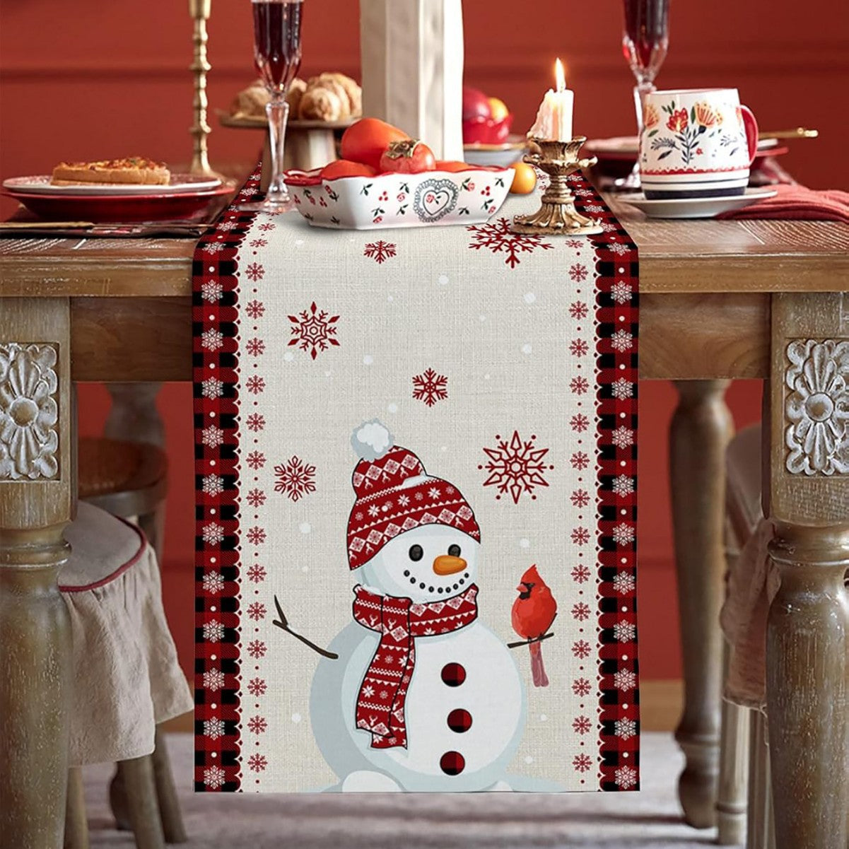 Camino de mesa de lino con diseño navideño hombre de nieve 