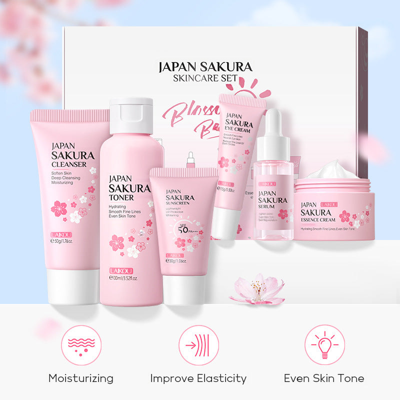 LaiKou Juego de Cuidado de Piel LAIKOU con Flor de Cerezo: 6 Piezas de Limpiador, Suero, Crema para Ojos, Crema Hidratante, Tónico, Protector Solar