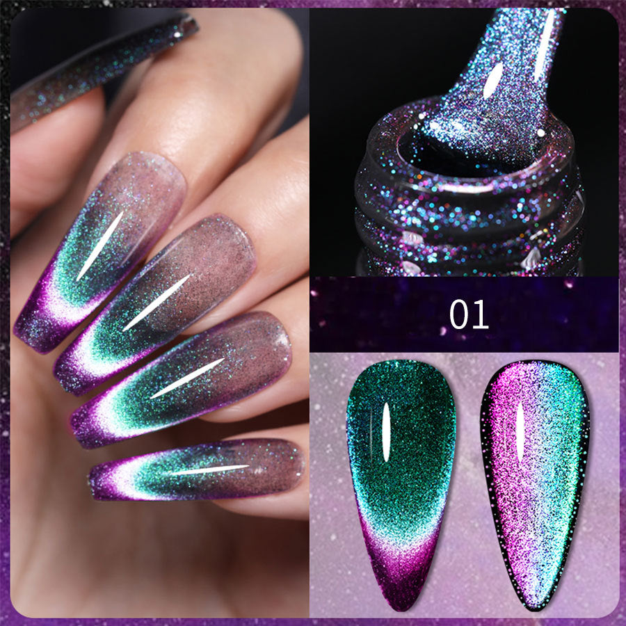 Esmalte de uñas gel duradero tono 01 con efecto magnético verde y púrpura. Brillo intenso para manicura profesional.