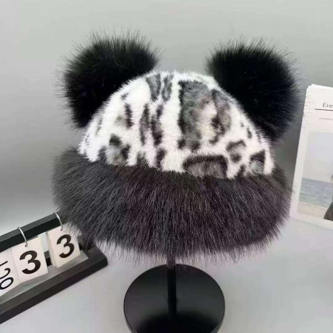 Fisherman Hat: Autumn & Winter Korean Style Plush Faux Fur Bucket Hat for Women with Leopard Print Bear Ears, Thickened Windproof Warmth, Trendy.