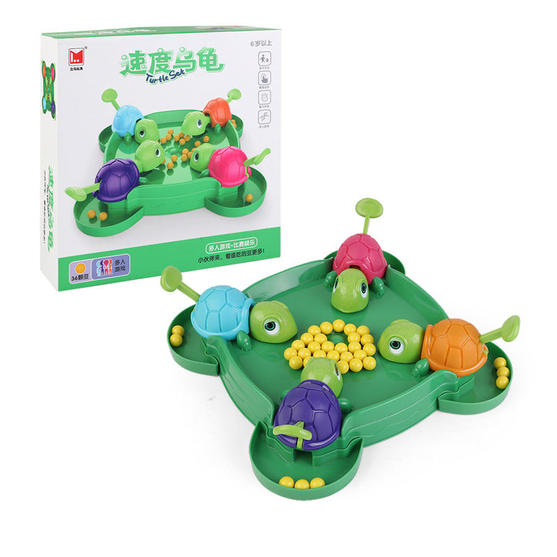 Juego de mesa infantil con tortugas come bolas en competencia

