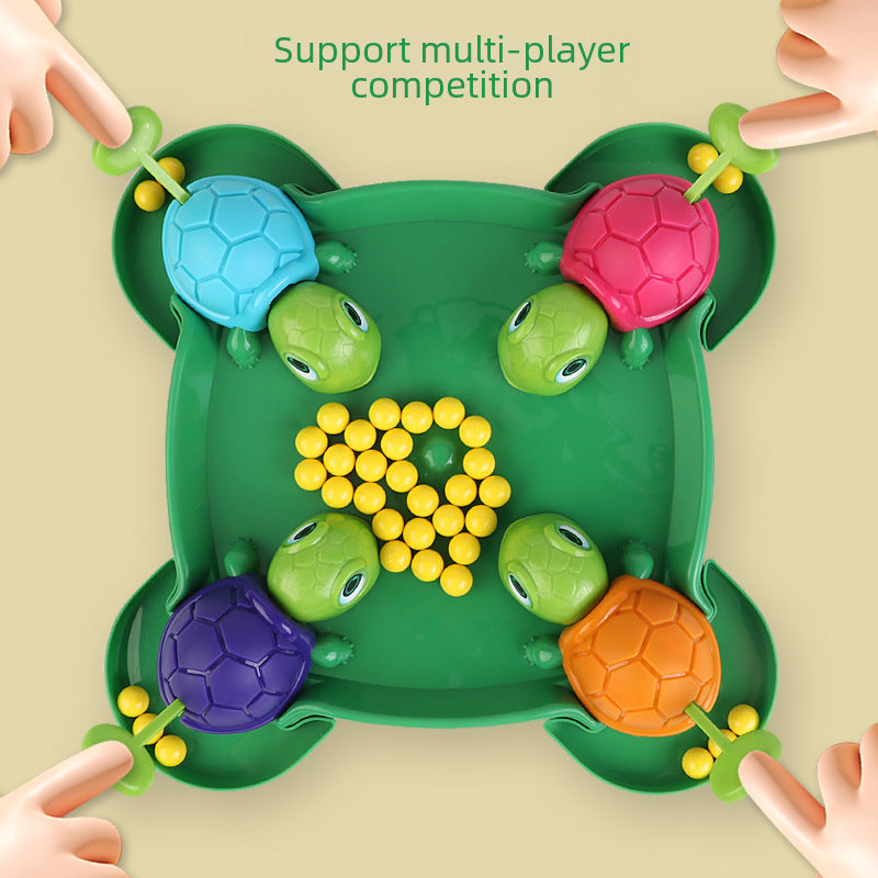 Juego de mesa Tortugas y Ranas Come Bolas con cuatro jugadores compitiendo. Perfecto para competencias familiares y fiestas infantiles.