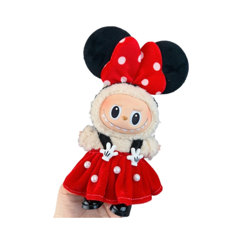 Vestido rojo con orejas negras estilo Minnie para muñeca Labubu de 17cm, accesorio vintage ideal para coleccionistas.
