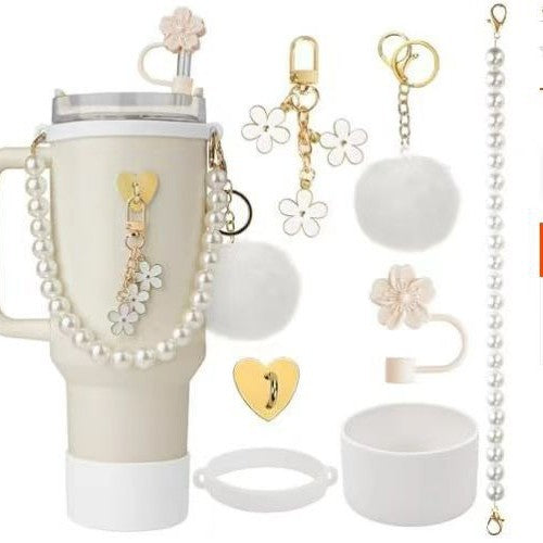 Set de Correa de Mano con Perlas y Accesorios Decorativos para Botella Stanley