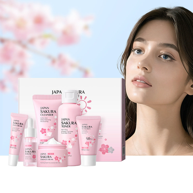 LaiKou Juego de Cuidado de Piel LAIKOU con Flor de Cerezo: 6 Piezas de Limpiador, Suero, Crema para Ojos, Crema Hidratante, Tónico, Protector Solar
