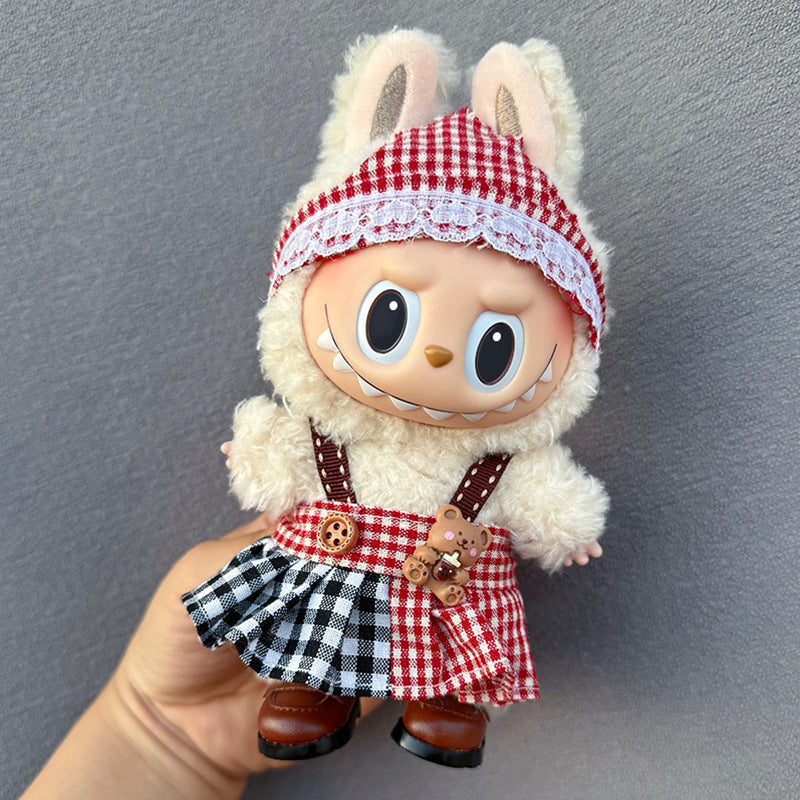 Falda a cuadros rojos y negros con blusa blanca para muñeca Labubu de 17cm, accesorio vintage para personalización.