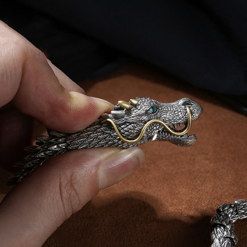 Pulsera de Mano de Plata Tailandesa Vintage: Diseño de Dragón, Estilo Étnico, Moda Individual, Joyería de Alta Calidad