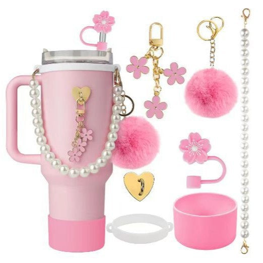Set de Correa de Mano con Perlas y Accesorios Decorativos para Botella Stanley