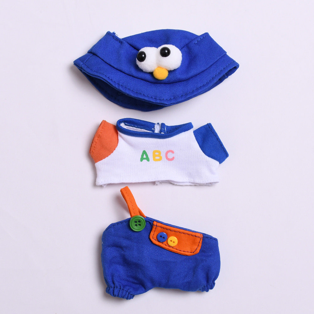 Set de ropa azul para muñeco Labubu con gorro de ojos grandes, camiseta ABC y peto con botones. Muñeco no incluido.