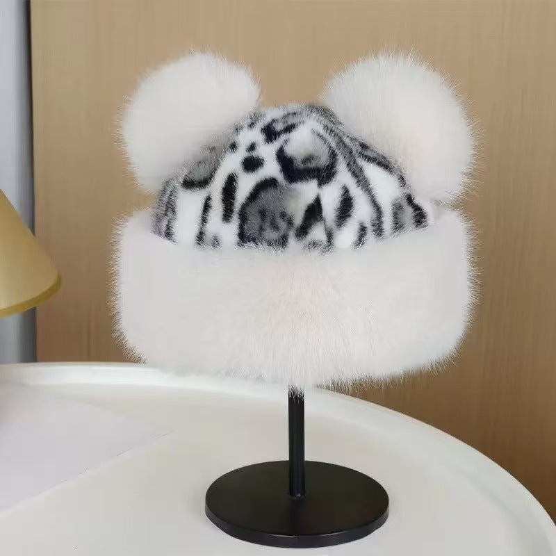 Fisherman Hat: Autumn & Winter Korean Style Plush Faux Fur Bucket Hat for Women with Leopard Print Bear Ears, Thickened Windproof Warmth, Trendy.
