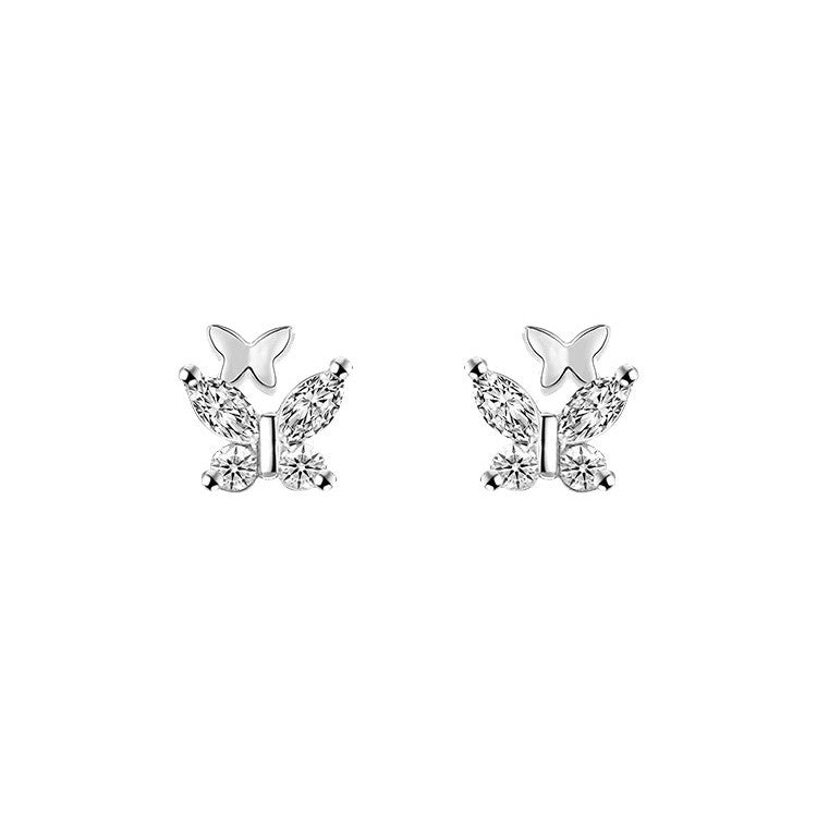 Aretes Botón de Plata para Niña – Diseño de Mariposa con Zirconia