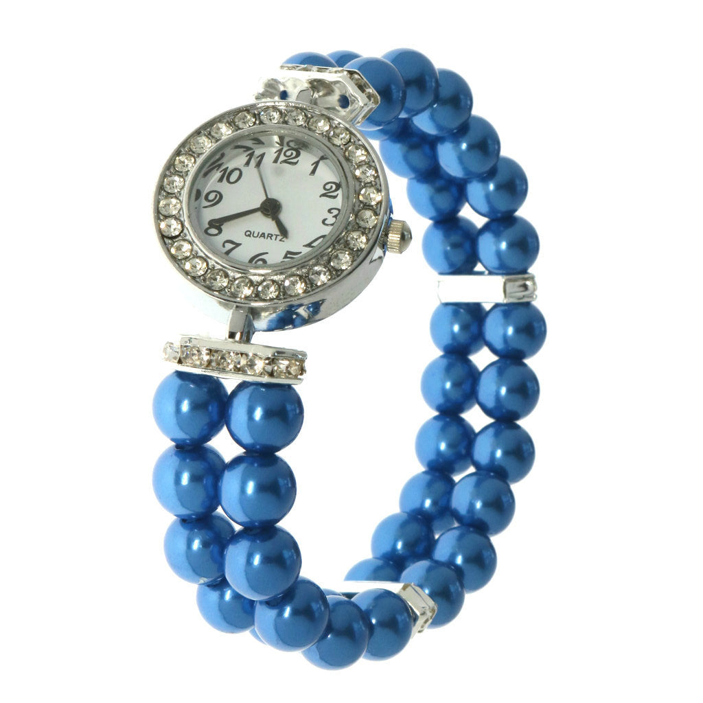 Reloj Femenino de Cuarzo con Pulsera Elástica de Perlas y Piedras Brillantes