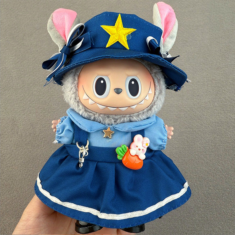 Vestido azul con gorro de estrella para muñeca Labubu de 17cm, accesorio vintage con temática mágica y divertida.