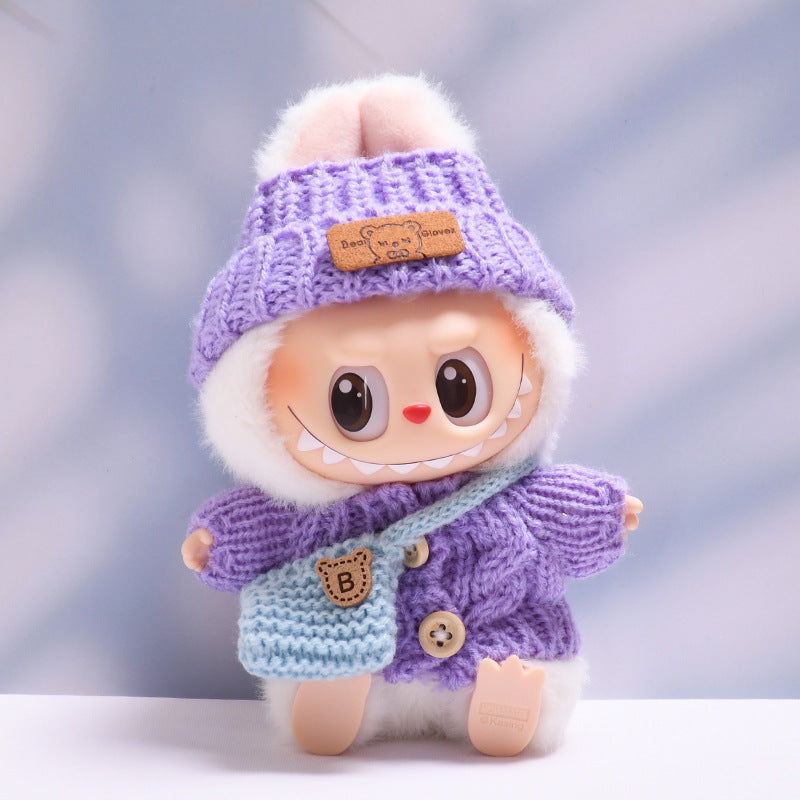 Conjunto tejido para muñeca Labubu 17 cm: suéter, gorro y bolso