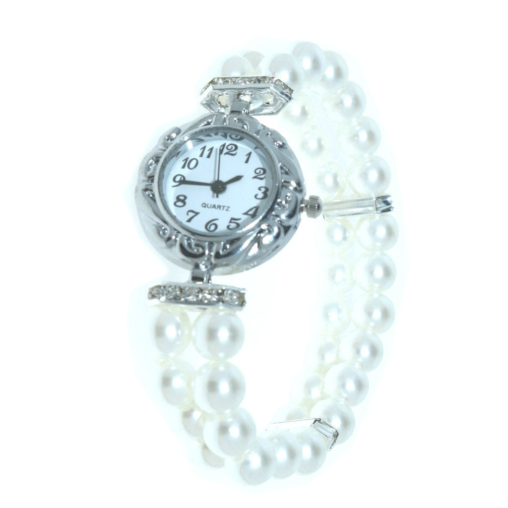 Reloj Femenino de Cuarzo con Pulsera Elástica de Perlas y Piedras Brillantes