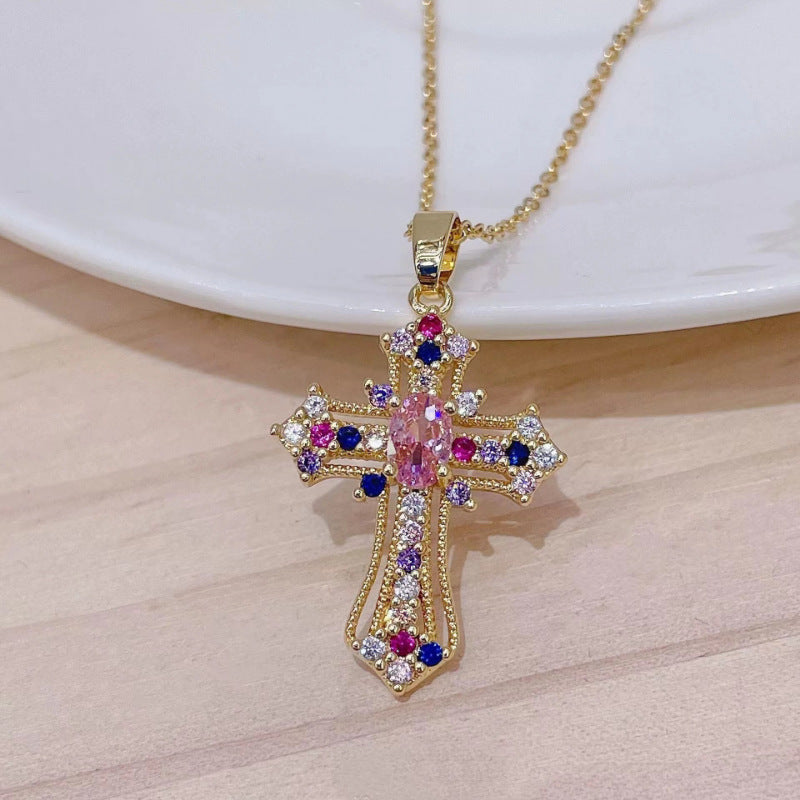 Cadena con Cruz Grande para Mujer – Dije con Cristales Brillantes Estilo Pectoral